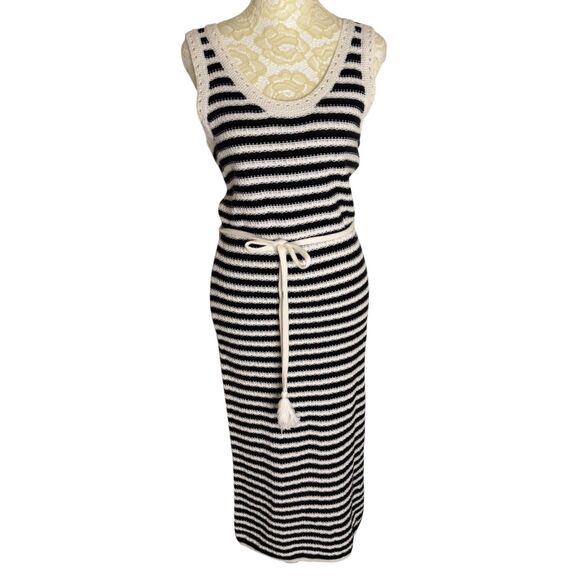 Nine West Midi Knit Dress Crochet Stripe Ivory Black S NWT - Picture 5 of 11
